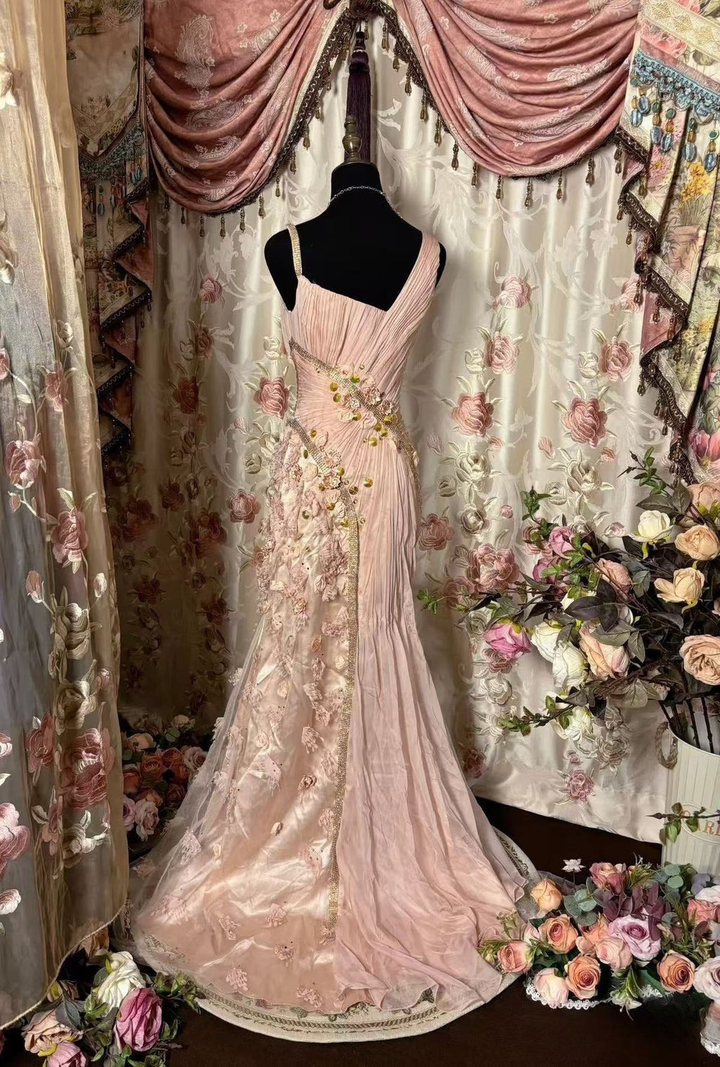 Vintage Mermaid Satin Tulle Applique Without Sleeves Long Prom Dress,Evening Dress GG5438