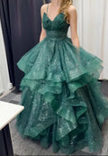 Shiny Ball Gown Spaghetti Straps Dark Green Tulle Sequin Without Sleeves Long Prom Dress,Evening Dress GG5456