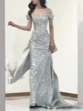 Shiny Mermaid Silver Off The Shoulder Satin Sequin Without Sleeves Long Prom Dress,Evening Dress GG5460