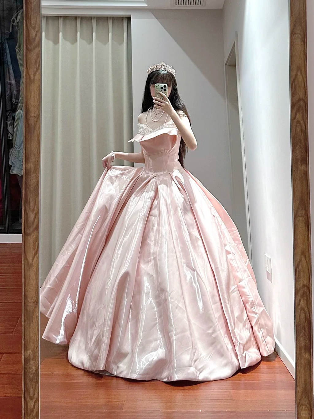 Pretty Pink Ball Gown Strapless Satin Sequin Without Sleeves Long Prom Dress,Evening Dress GG5482