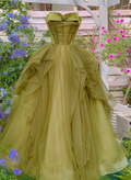 Unique Ball Gown Strapless Tulle Beaded Without Sleeves Long Prom Dress,Evening Dress GG5511