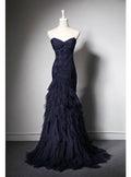 Unique Mermaid Strapless Navy Blue Tulle Pleats Long Prom Dress,Evening Dress GG552