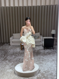 Chic Mermaid Strapless Satin Tulle Applique Without Sleeves Long Prom Dress,Evening Dress GG5546