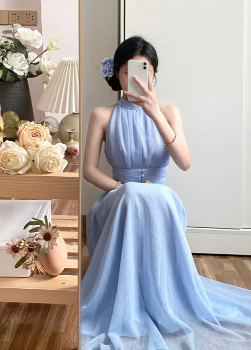 Elegant A Line Halter Chiffon Without Sleeves Long Prom Dress,Evening Dress GG5586