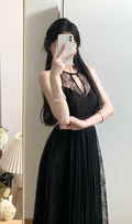 Charming Black A Line Halter Lace Without Sleeves Long Prom Dress,Evening Dress GG5588