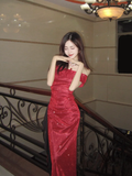Shiny Mermaid Off The Shoulder Red Satin Sequin Without Sleeves Long Prom Dress,Evening Dress GG5596