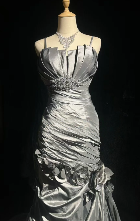 Silver Mermaid Spaghetti Straps Satin Without Sleeves Long Prom Dress,Evening Dress GG5602