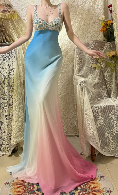 Gorgeous Gradient Mermaid Satin Beaded Without Sleeves Long Prom Dress,Evening Dress GG5620
