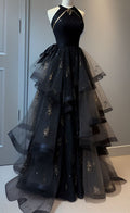 Gorgeous A Line Halter Black Layered Tulle Sequin Long Prom Dress,Evening Dress GG563