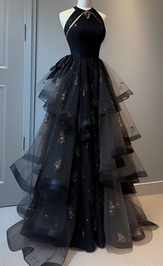 Gorgeous A Line Halter Black Layered Tulle Sequin Long Prom Dress,Evening Dress GG563