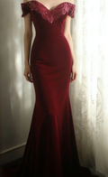 Charming Mermaid Burgundy Off The Shoulder Satin Lace Without Sleeves Long Prom Dress,Evening Dress GG5633