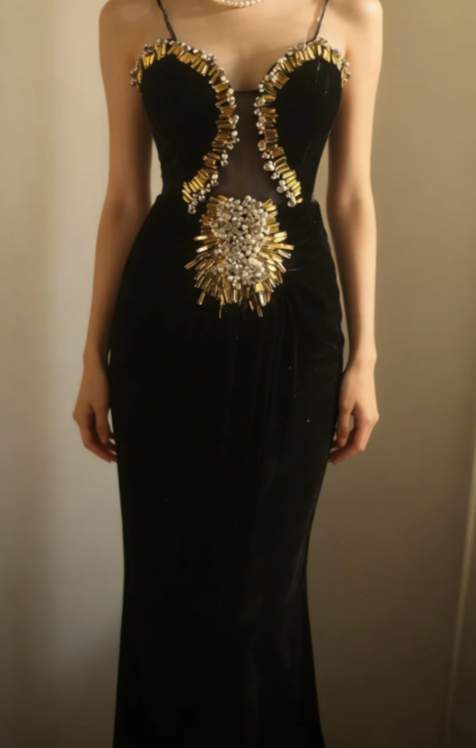 Obsessed Mermaid Black Spaghetti Straps Velvet Tulle Beads Without Sleeves Long Prom Dress,Evening Dress GG5634