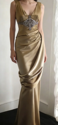 Chic Mermaid V Neck Pleated Satin Beaded Without Sleeves Long Prom Dress,Evening Dress GG5636
