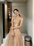 Shiny A Line Strapless Tulle Sequin Without Sleeves Long Prom Dress,Evening Dress GG5646