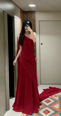Charming A Line Burgundy One Shoulder Chiffon Long Prom Dress,Evening Dress GG5659