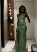 Unique A Line Strapless Satin Sequin Slit Long Prom Dress,Evening Dress GG5672