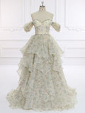 Elegant A Line Off The Shoulder Printing Floral Chiffon Long Prom Dress,Evening Dress GG575