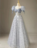 Cute A Line Sweetheart Floral Printed Tulle Short Puff Sleeves Long Prom Dress,Evening Dress GG577