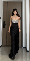 Chic Mermaid Strapless Satin Sequin Long Prom Dress,Evening Dress GG5792