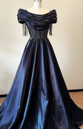 Formal A Line Off The Shoulder Satin Beads Long Prom Dress,Evening Dress GG5820