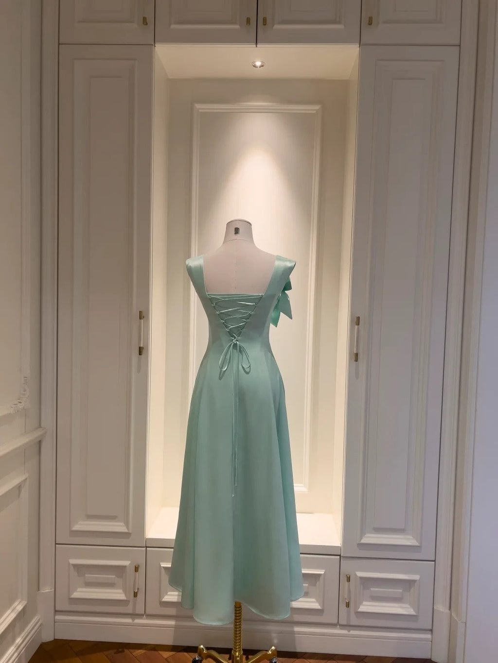 Sleek Square Neck A-Line Prom Dress Bow Satin Long Evening Dress GG5826