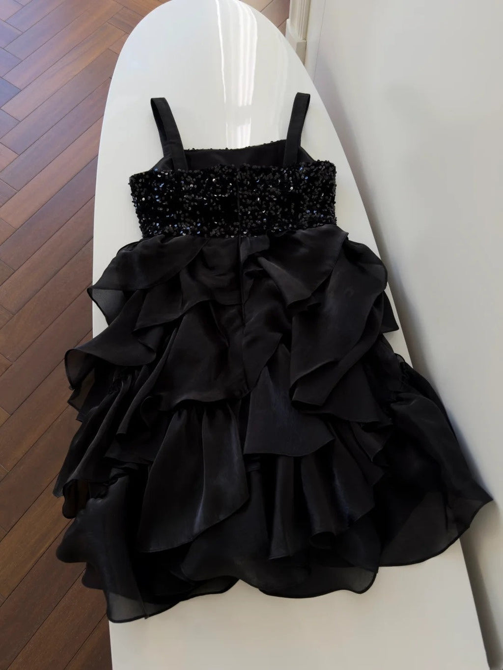 Sexy Spaghetti Straps Black Homecoming Dress Sequins Birthday Dress Ruffles A-Line Mini Dress GG5837