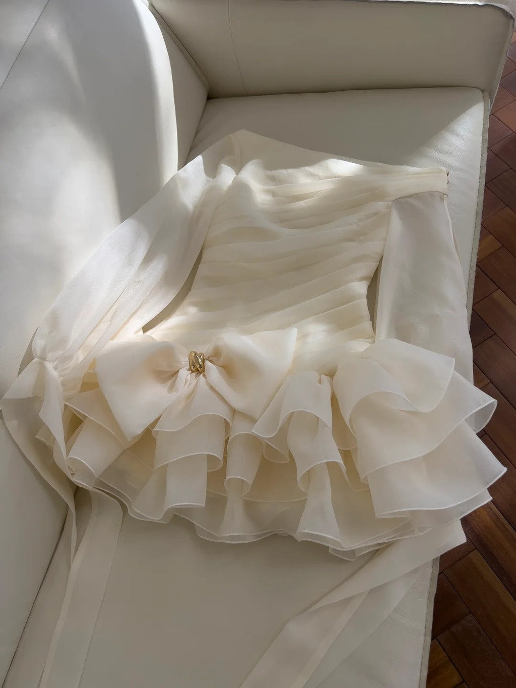 Elegant Asymmetrical Neck Ivory Homecoming Dress Pleated Bow Birthday Dress Long Sleeve A-Line Mini Dress GG5839