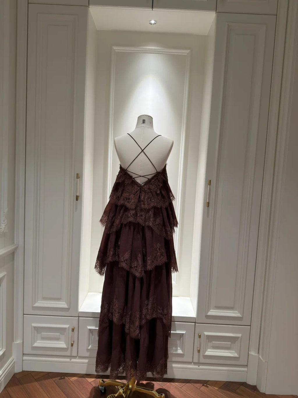 Casual Spaghetti Straps Dark Brown Prom Dress Lace Tiered A-Line Evening Dress GG5841
