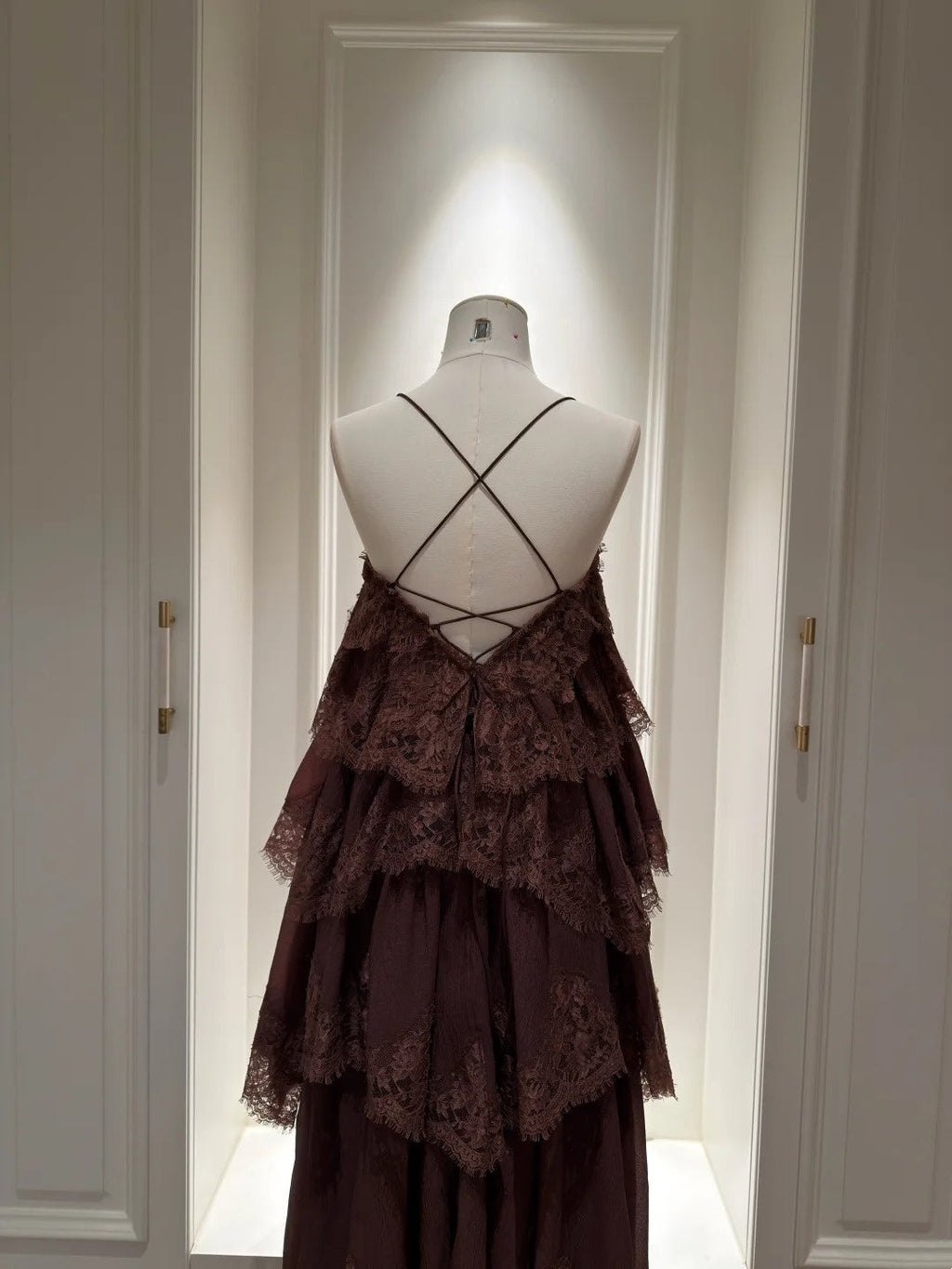 Casual Spaghetti Straps Dark Brown Prom Dress Lace Tiered A-Line Evening Dress GG5841
