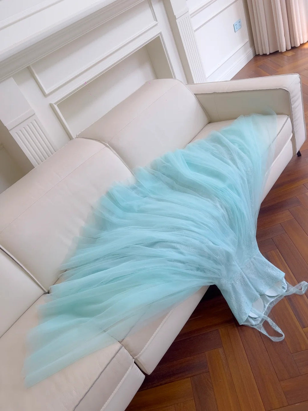 Chic Tulle Light Blue Prom Dress Lace Spaghetti Straps Sequins A-Line Evening Dress GG5847