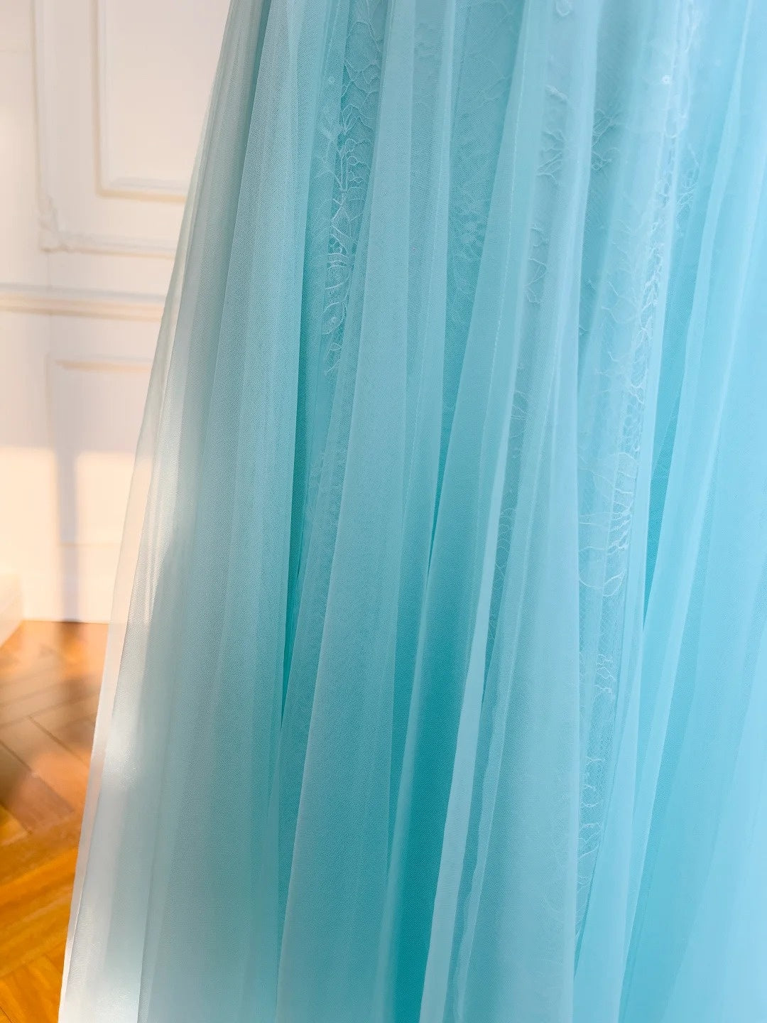 Chic Tulle Light Blue Prom Dress Lace Spaghetti Straps Sequins A-Line Evening Dress GG5847