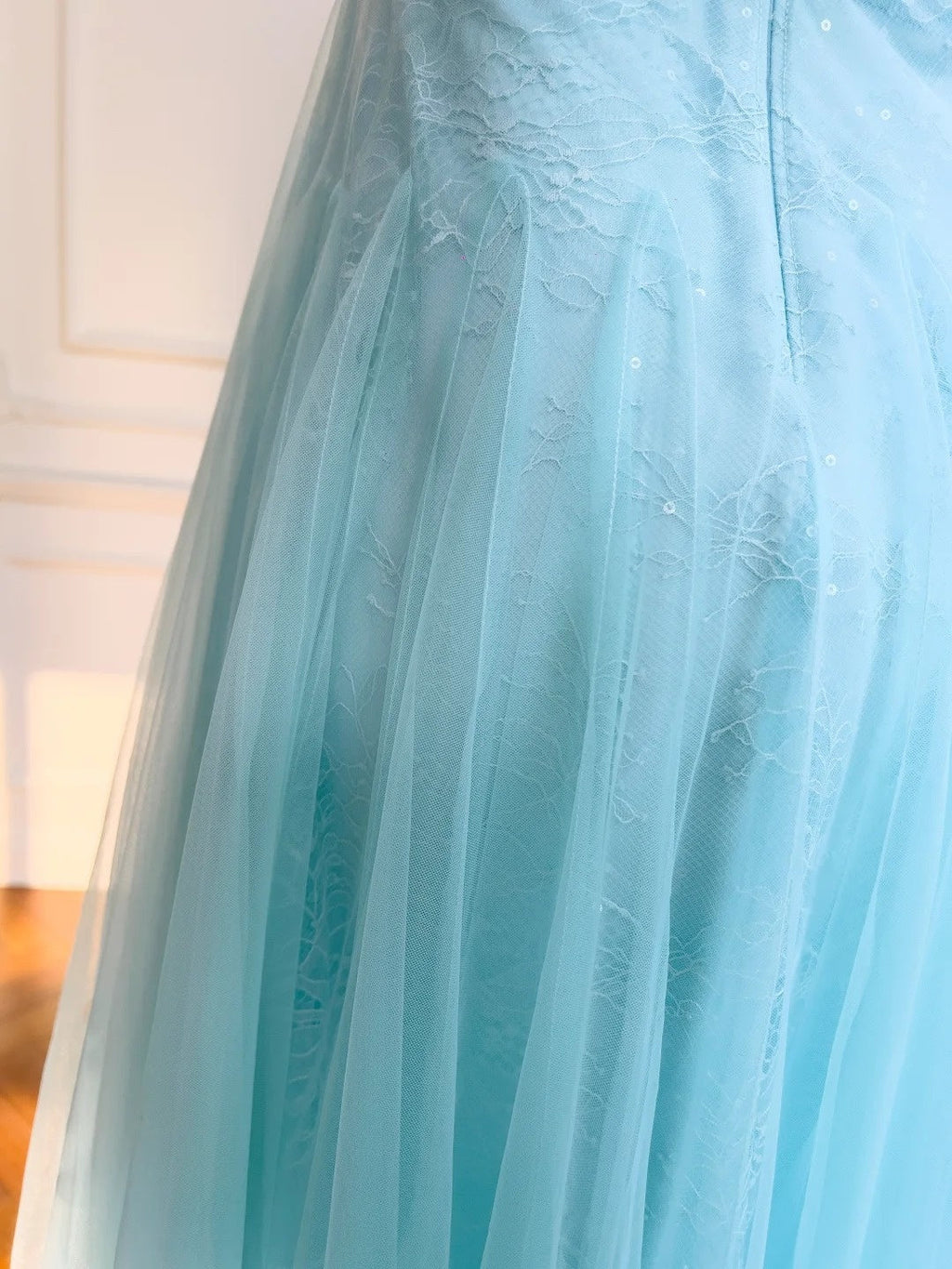 Chic Tulle Light Blue Prom Dress Lace Spaghetti Straps Sequins A-Line Evening Dress GG5847
