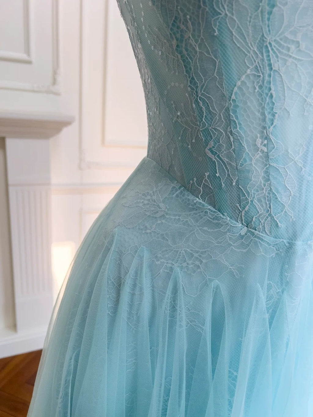 Chic Tulle Light Blue Prom Dress Lace Spaghetti Straps Sequins A-Line Evening Dress GG5847