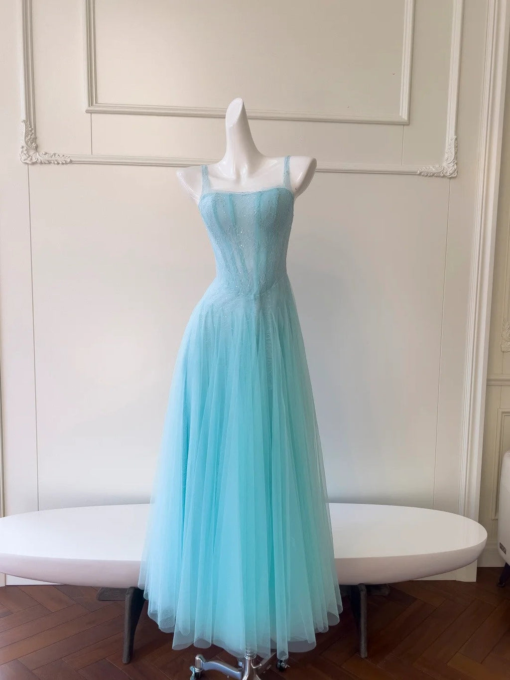 Chic Tulle Light Blue Prom Dress Lace Spaghetti Straps Sequins A-Line Evening Dress GG5847