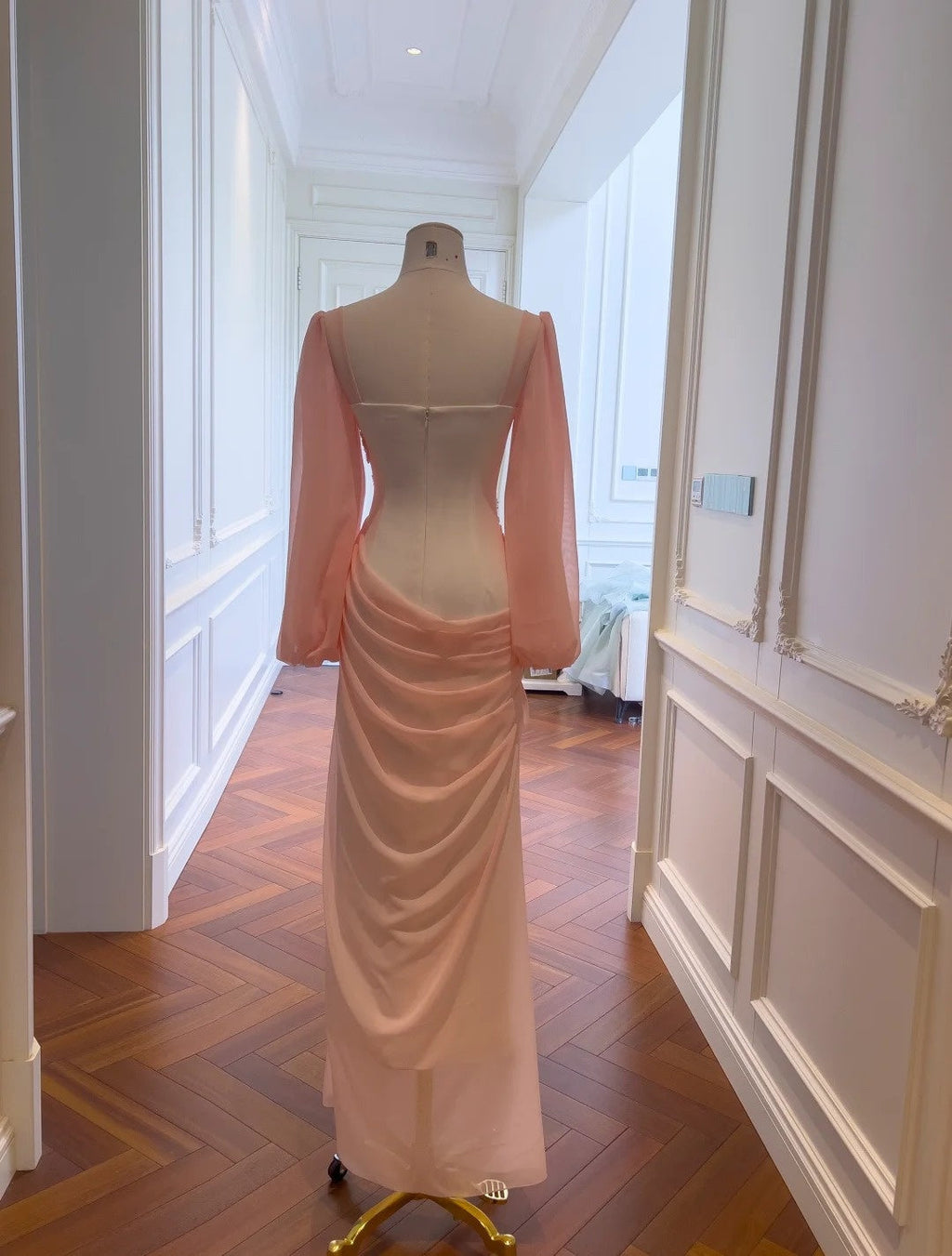 Brilliant Sweetheart Neck Pink Prom Dress Long Sleeve Beading Sheath Evening Dress GG5849