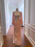 Brilliant Sweetheart Neck Pink Prom Dress Long Sleeve Beading Sheath Evening Dress GG5849