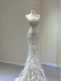 Gorgeous Mermaid Strapless Tulle Beaded Hem Imitation Feather Long Prom Dress,Evening Dress GG585