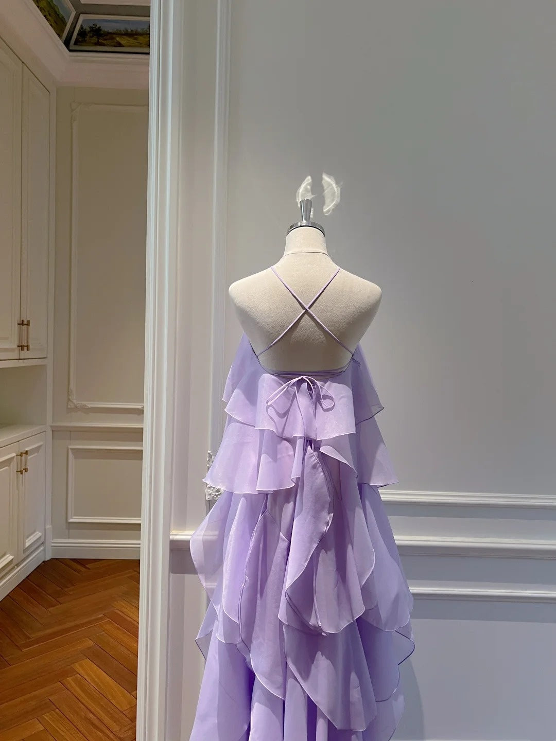 Charming Halter Neck Purple Prom Dress 3D Flower Ruffles Evening Dress GG5851