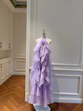 Charming Halter Neck Purple Prom Dress 3D Flower Ruffles Evening Dress GG5851