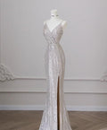 Glitter Mermaid V Neck Satin Sequin Silt Long Prom Dress,Evening Dress GG586