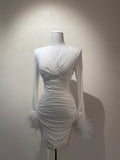 Charming White Homecoming Dress V Neck Long Sleeve Birthday Dress Feather Mini Dress GG5867