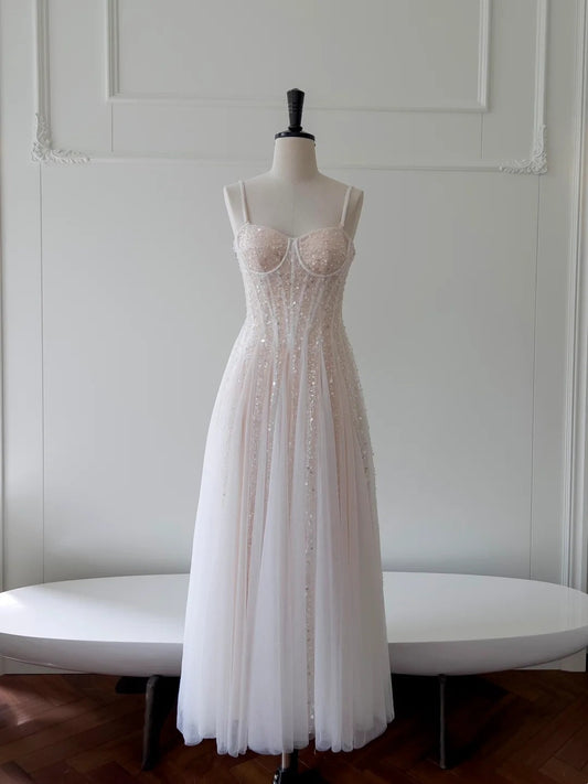 Glittering Spaghetti Straps Prom Dress Sequins Tulle A-Line Long Evening Dress GG5869