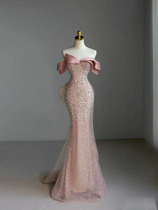 Graceful Mermaid Off The Shoulder Champagne Pink Tulle Sequin Long Prom Dress,Evening Dress GG588