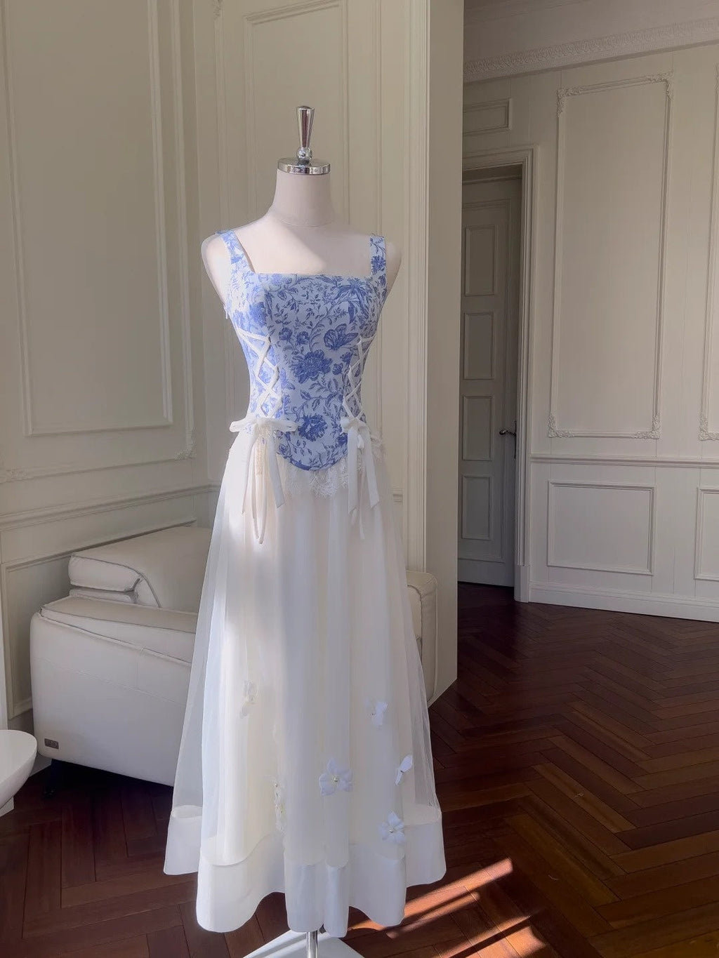 Fashion Square Neck Floral Prom Dress Lace-Up A-Line Long Evening Dress GG5882