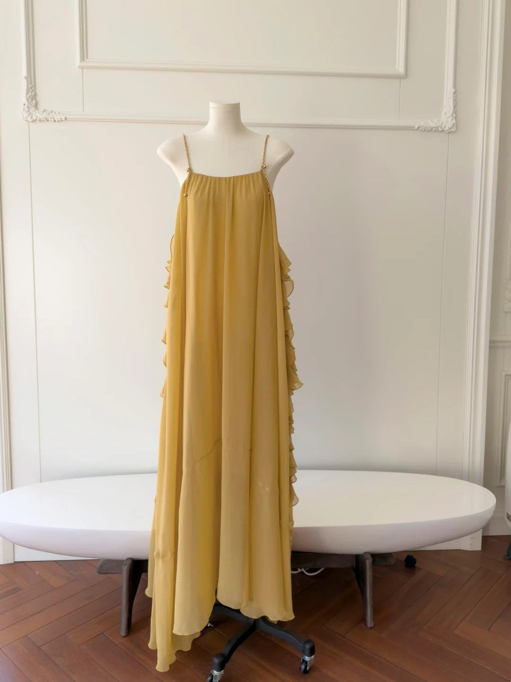 Flowy Spaghetti Straps Yellow Prom Dress Ruffles Chiffon A-Line Evening Dress GG5886