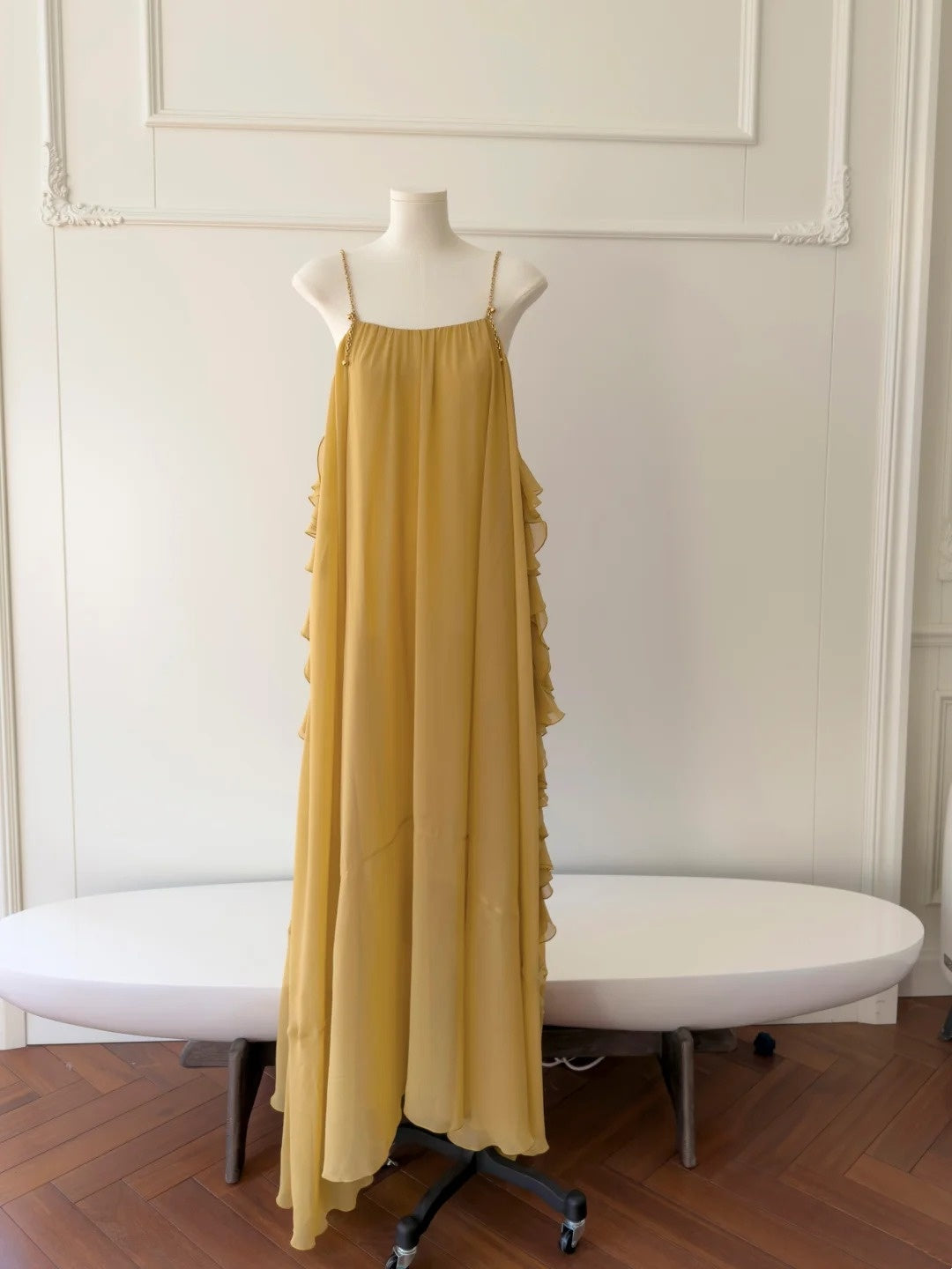Flowy Spaghetti Straps Yellow Prom Dress Ruffles Chiffon A-Line Evening Dress GG5886