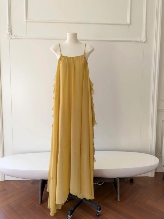 Flowy Spaghetti Straps Yellow Prom Dress Ruffles Chiffon A-Line Evening Dress GG5886