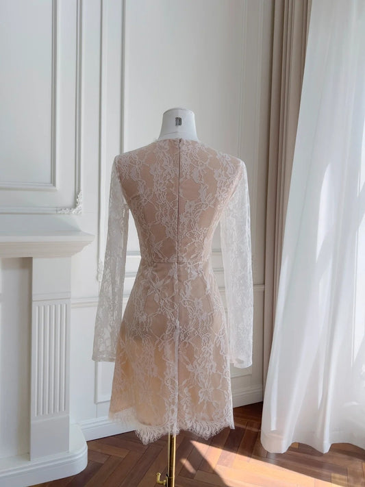 Adorable A-Line Homecoming Dress Lace  Birthday Dress Long Sleeve Bows Mini Dress GG5889