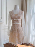 Adorable A-Line Homecoming Dress Lace  Birthday Dress Long Sleeve Bows Mini Dress GG5889