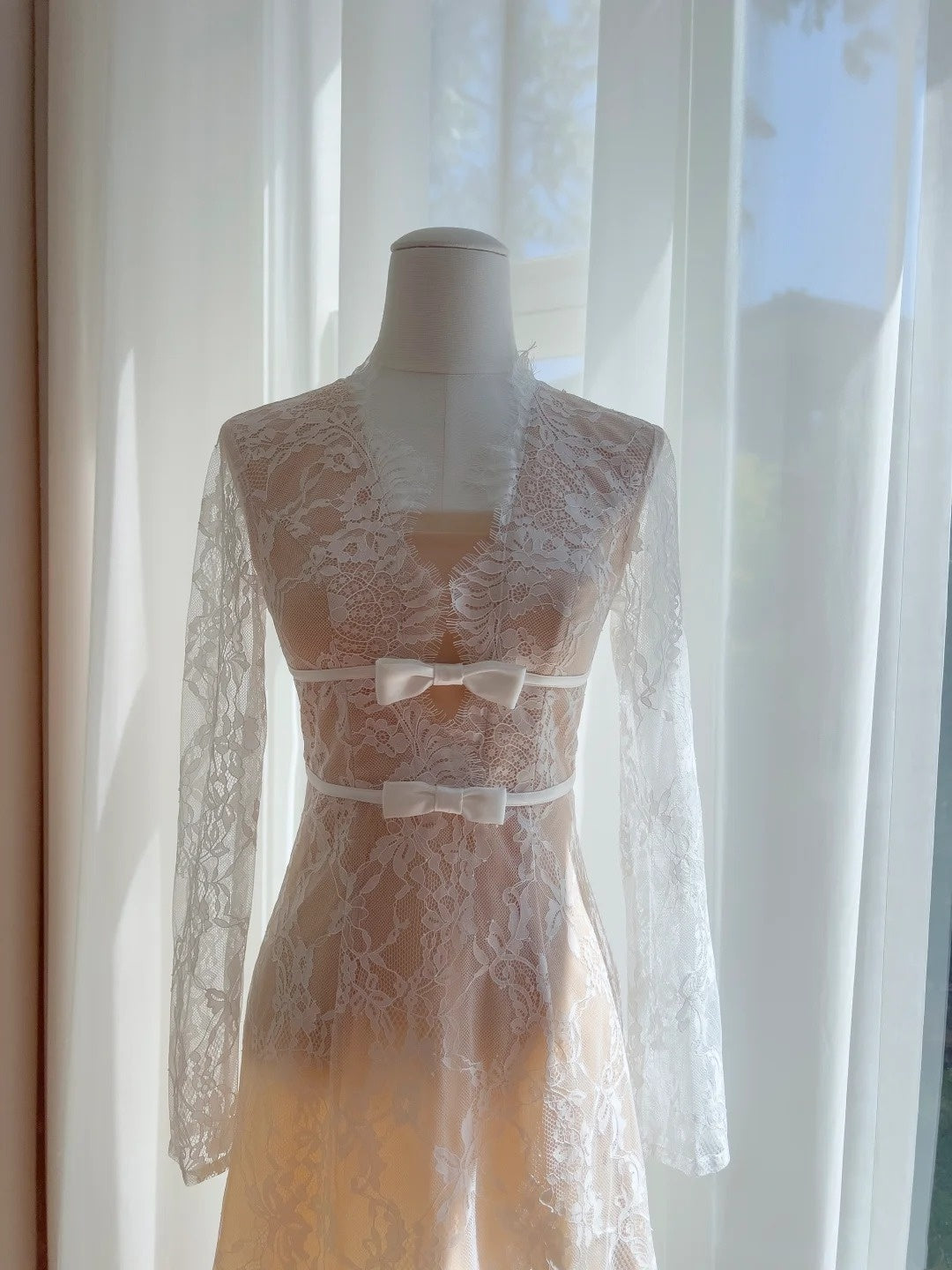 Adorable A-Line Homecoming Dress Lace  Birthday Dress Long Sleeve Bows Mini Dress GG5889